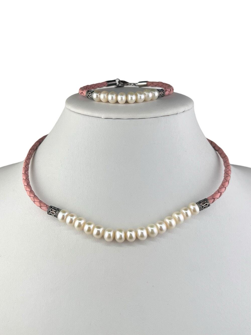 Pink Leather Real Pearl Sterling Silver Necklace 17-18" & Bracelet 7.5"